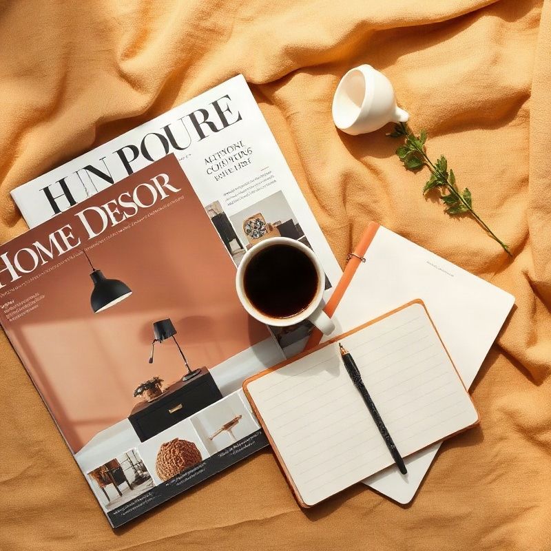 Flat lay časopisů o bydlení, notesu a šálku kávy v jantarovém světle